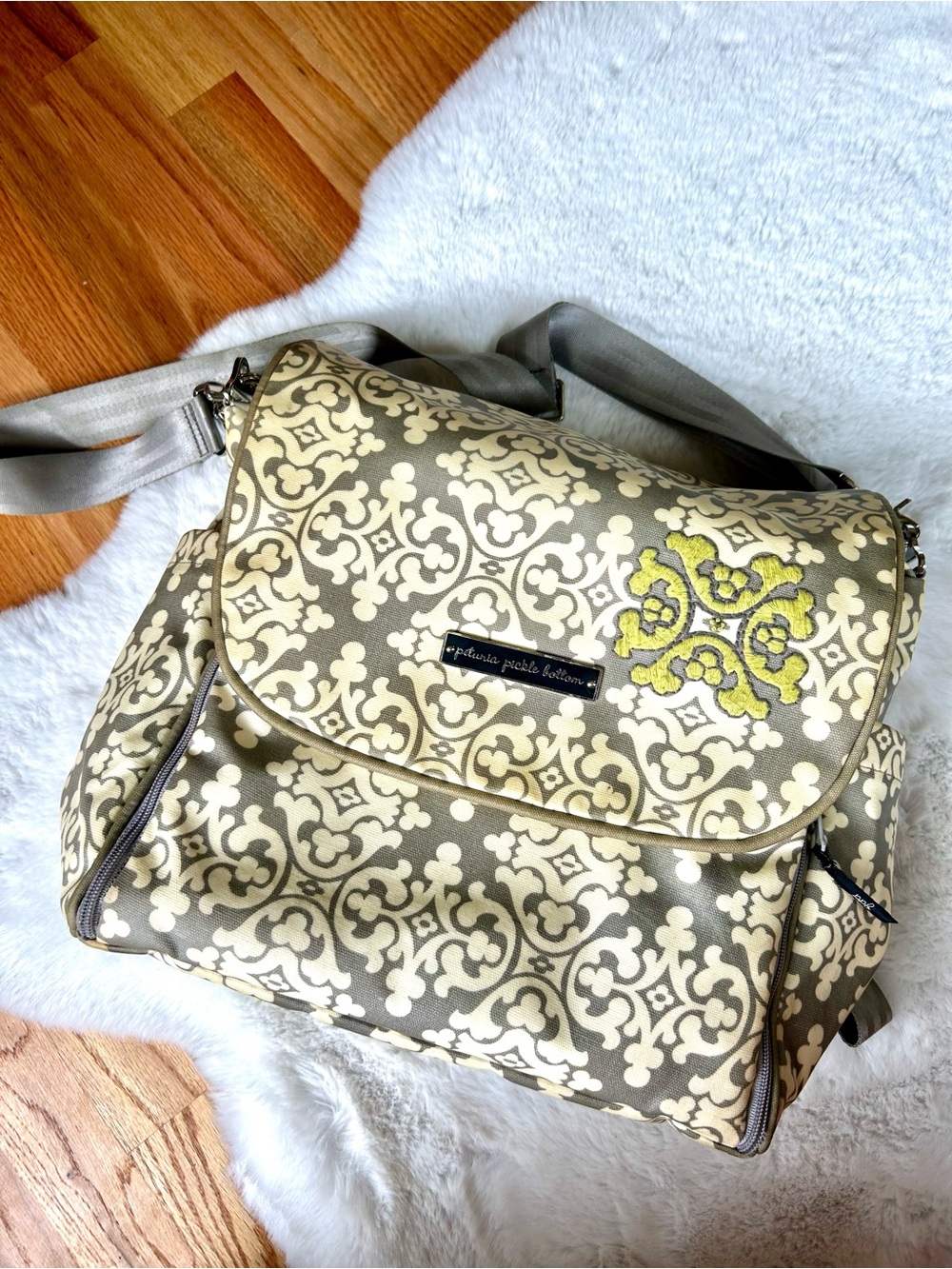 petunia pickle bottom Breakfast in Berkshire Diaper Bag Grey White & Lime